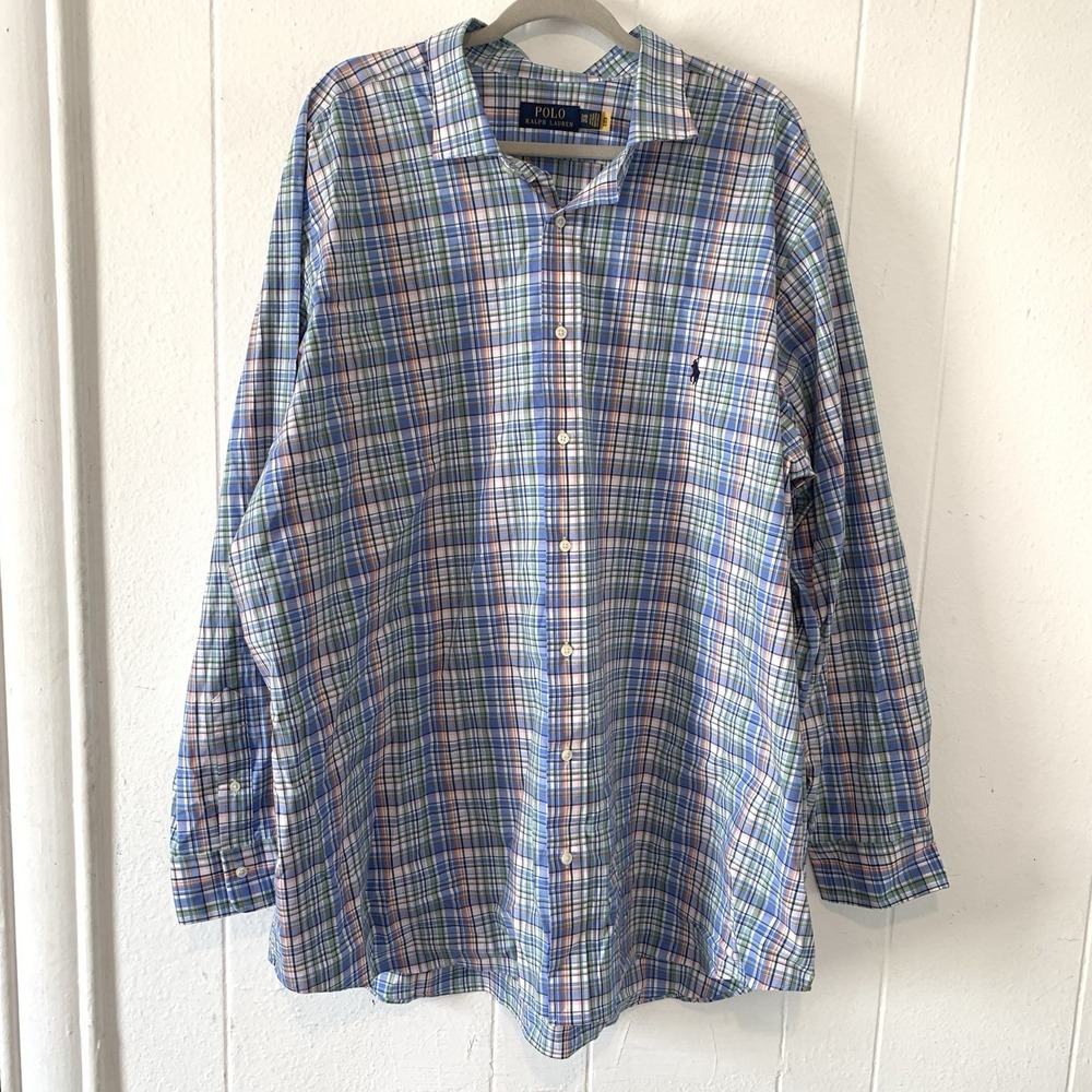 Polo Ralph Lauren Mens 3XB Shirt Button Up Plaid Ling Sleeve Preppy Blue